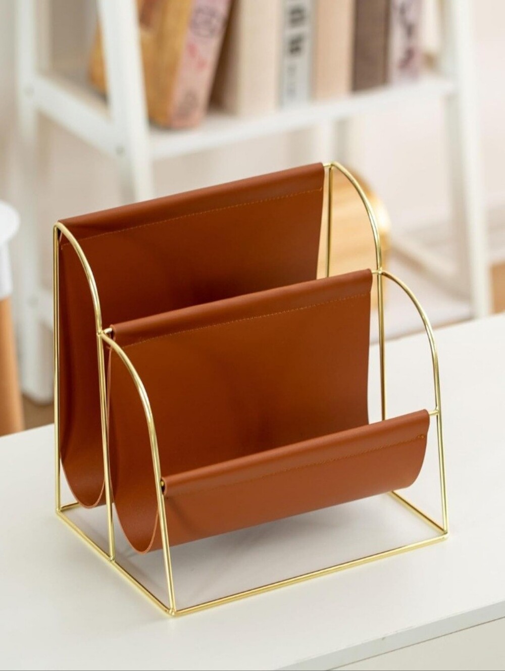 NEW Contemporary Gold-Tone Metal Mail Holder with Two Spacious Compartments